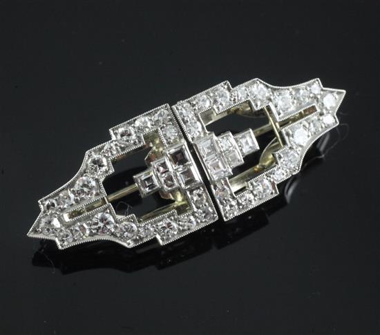 An Art Deco style white gold and diamond double clip brooch, 41mm.